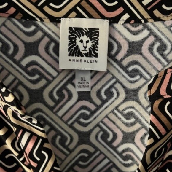 Anne Klein XL Zip Front Black Tan Blouse Geometric Roll Tab V Neck Whimsygoth - Picture 5 of 5